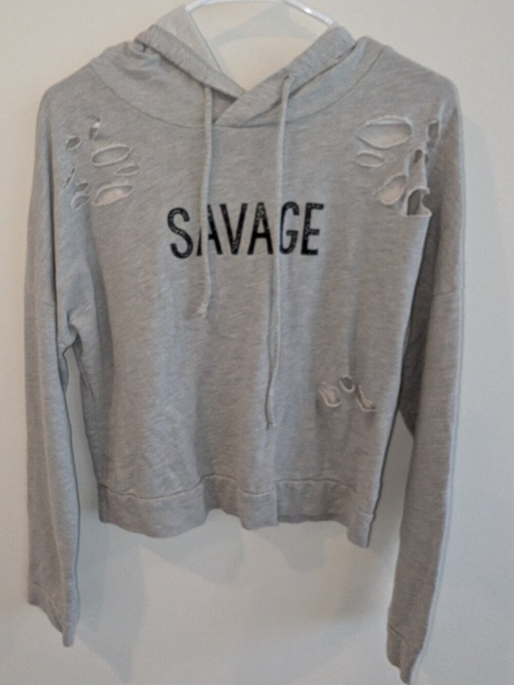 Wet Seal Savage Distressed Grey Hoodie. Size Large